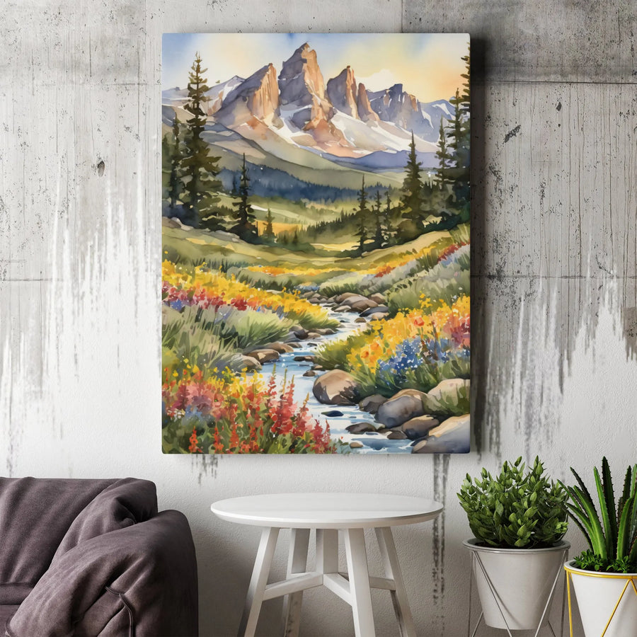 Watercolor Mountain Landscape Canvas | Wildflower Meadow Stream Art | 1.25 Inch Gallery Wrap | Premium Nature Wall Decor Gift