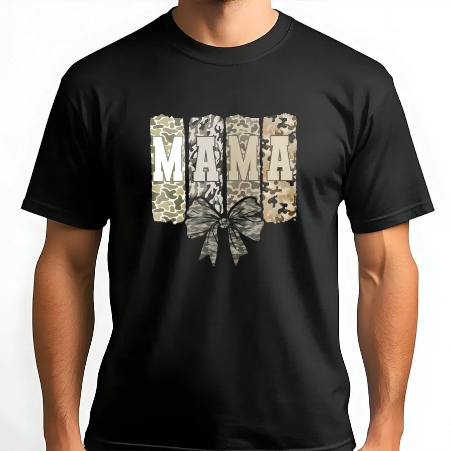 Mama Camo T-Shirt | Distressed Camouflage Bow Graphic Print | Premium Soft Cotton Blend | Trendy Mom Gift For Her Birthday Or Mother's Day 2026