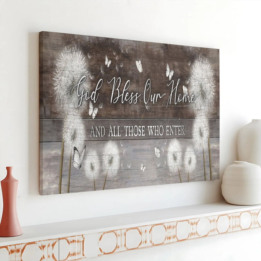 God Bless Our Home Canvas Wall Art | Dandelion And Butterfly Farmhouse Decor | Premium Gallery Wrapped Print | Inspirational Religious Home Gift
