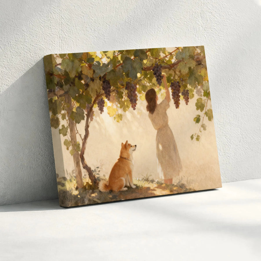 Shiba Inu Vineyard Canvas Art | Watercolor Painting of Woman Harvesting Grapes | Premium Gallery Wrapped Print | Rustic Farmhouse Decor Gift
