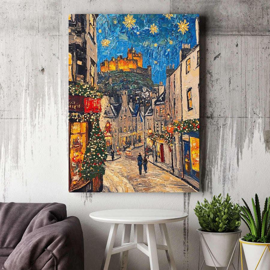 Edinburgh Castle Canvas Print | Starry Night Christmas Cityscape | Premium Gallery Wrapped Wall Art | Scotland Travel Souvenir Gift