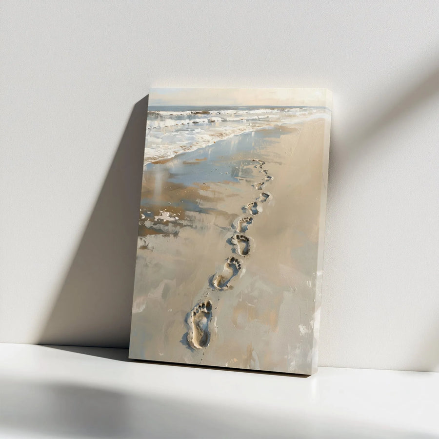 Beach Footprints Canvas Art | Textured Painterly Seascape | Premium Gallery Wrapped Canvas | Coastal Home Decor Gift
