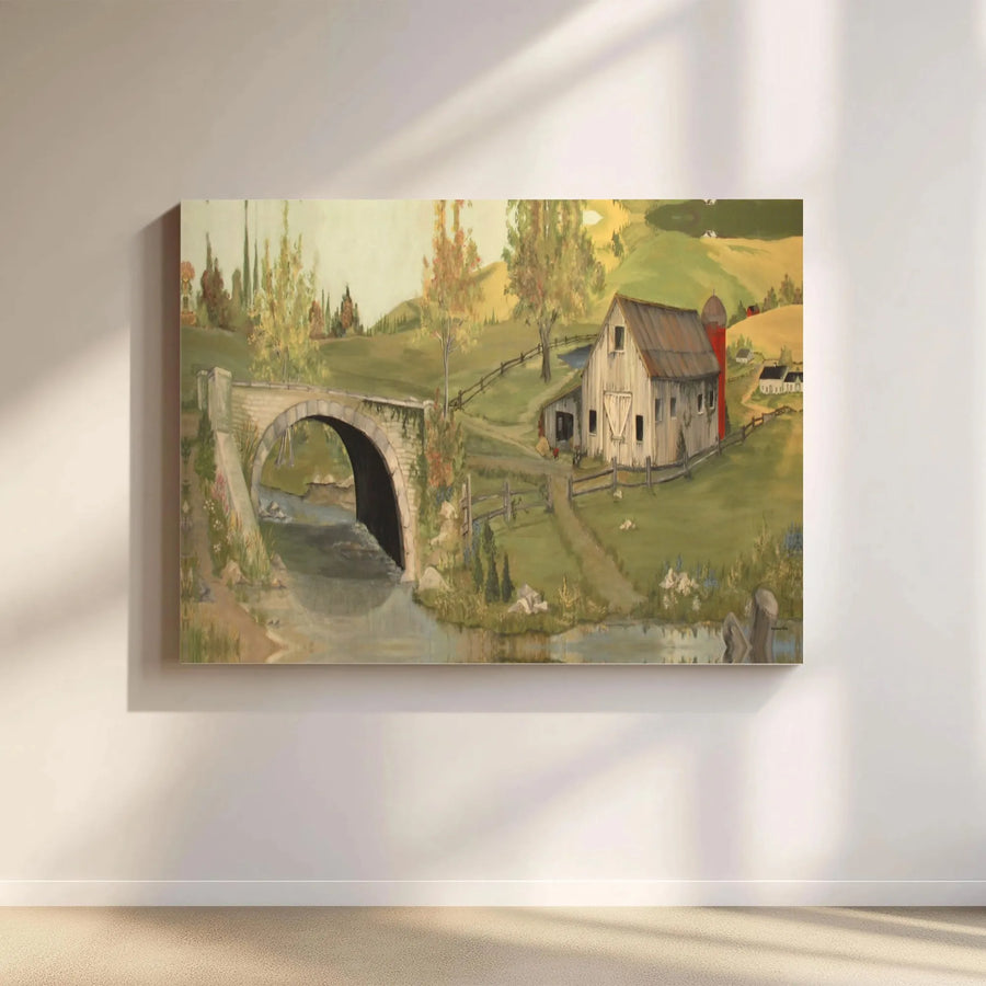 Farmhouse Canvas Wall Art | Rustic Barn and Stone Bridge Scenery | Premium Fade-Resistant Print | Country Living Room Decor Gift