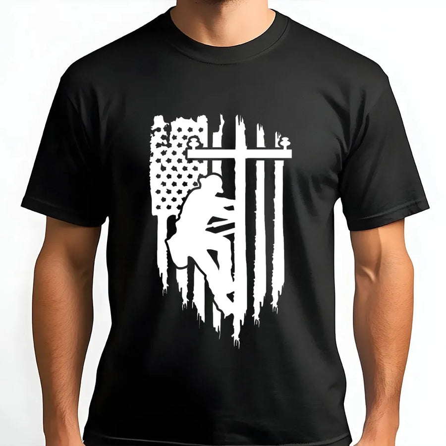 Lineman American Flag T-Shirt | Distressed Patriotic Utility Worker Graphic | Premium 100% Cotton | Gift for Electrician Power Line Technician