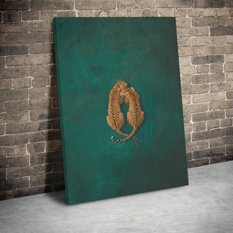 Leopard Wall Art | Cuddling Leopards Emerald Green Canvas | Premium Gallery Wrap Print | Modern Living Room Bedroom Decor Gift