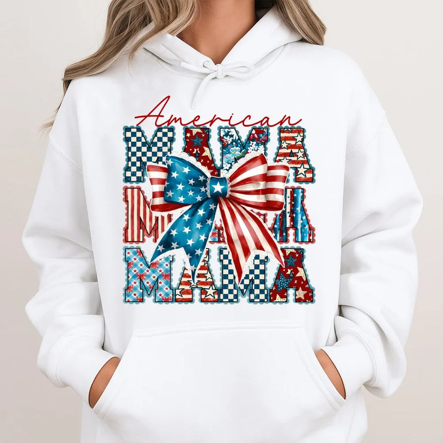 American Mama Hoodie | Red White Blue Coquette Bow Graphic | Soft Cotton Blend | 4th of July Gift for Mom