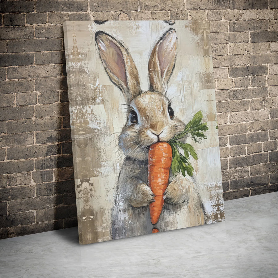 Rustic Bunny Canvas Wall Art | Farmhouse Rabbit Eating Carrot Painting | Gallery Wrapped Premium Print | Nursery & Living Room Decor Gift