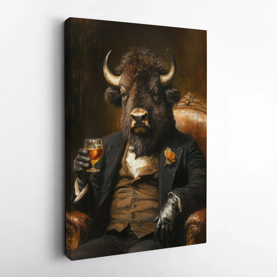 Dapper Bison Wall Art | Sophisticated Animal Portrait Drinking Whiskey | Gallery-Quality Canvas Print | Unique Office Decor Gift for Him