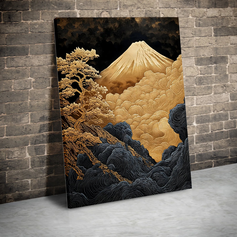 Mount Fuji Vertical Canvas | Gold & Black Japanese Woodblock Style Print | Premium Gallery Wrapped Canvas | Modern Asian Inspired Home Decor Gift