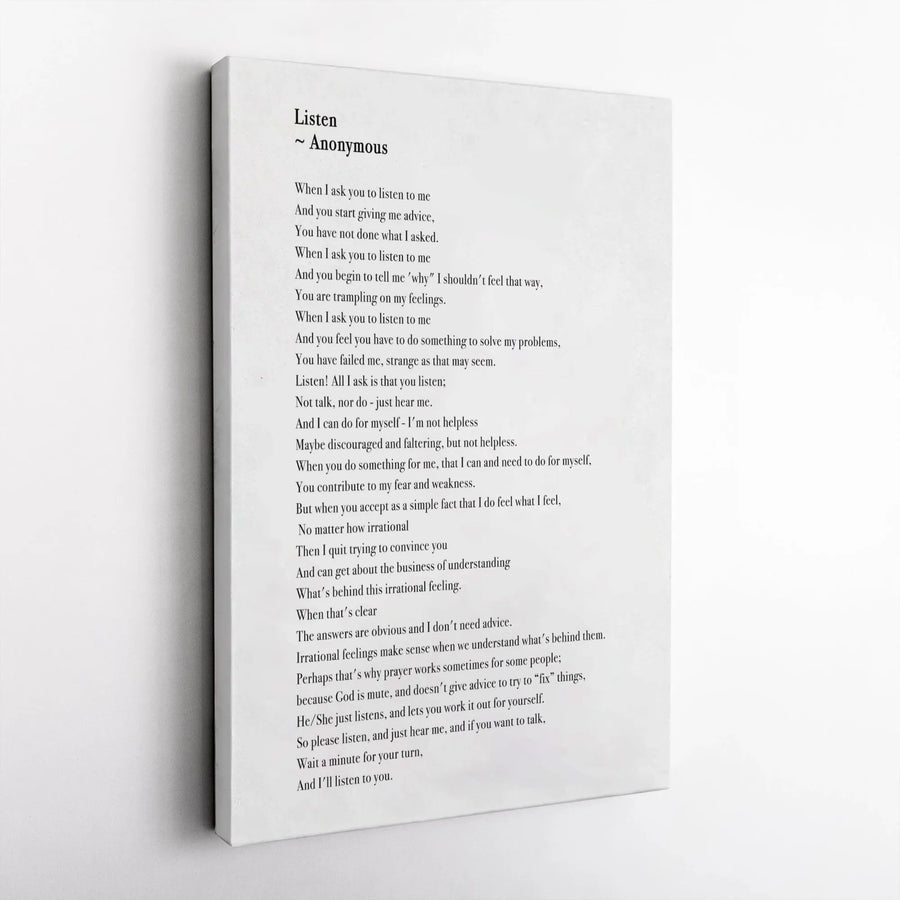Listen Poem Wall Art | Anonymous Inspirational Verse | Premium Gallery Wrapped Canvas | Therapy Office Decor & Meaningful Mental Health Gift
