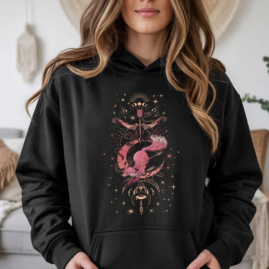 Mystical Fox Hoodie | Celestial Moon And Arrow Graphic Design | Premium Cotton Blend | Artistic Gift For Nature Lovers