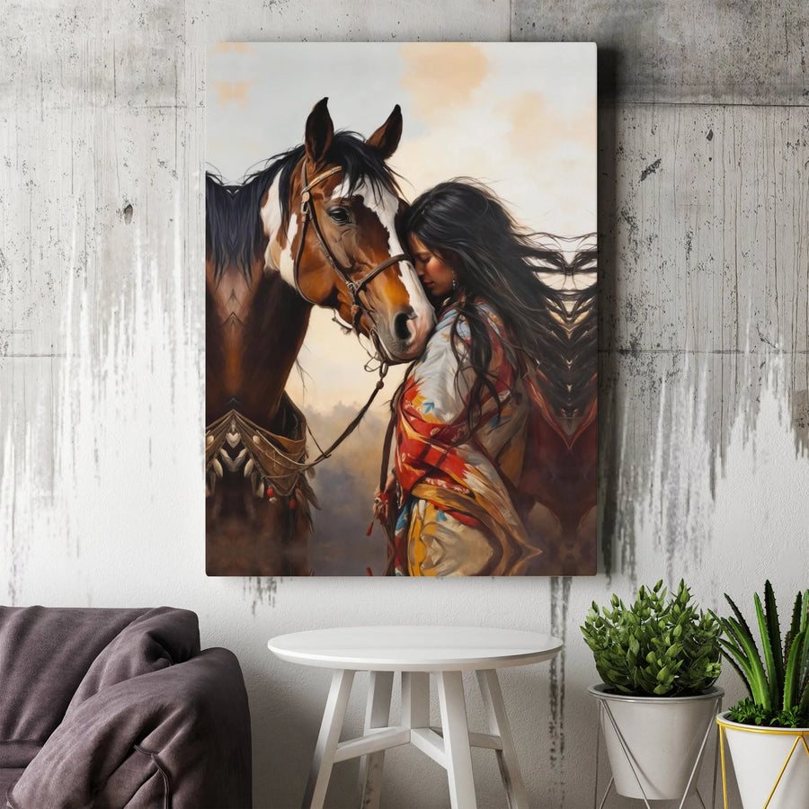 Native American Woman And Horse Canvas Art | Western Boho Wall Decor | Premium Gallery Wrap Print | Southwestern Cultural Gift For Home