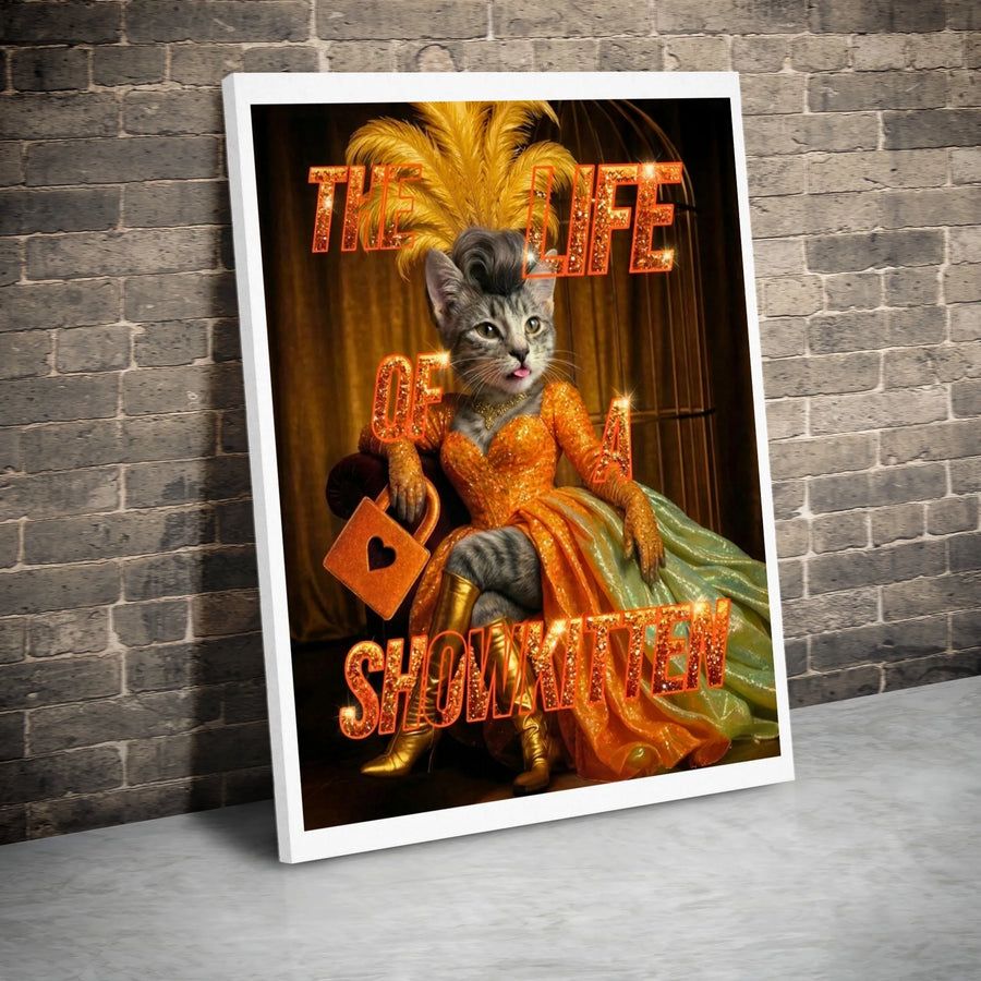 Showkitten Cat Wall Art | Glamorous Showgirl Kitten Portrait | Gallery Wrapped Premium Canvas | Whimsical Gift For Cat Lovers