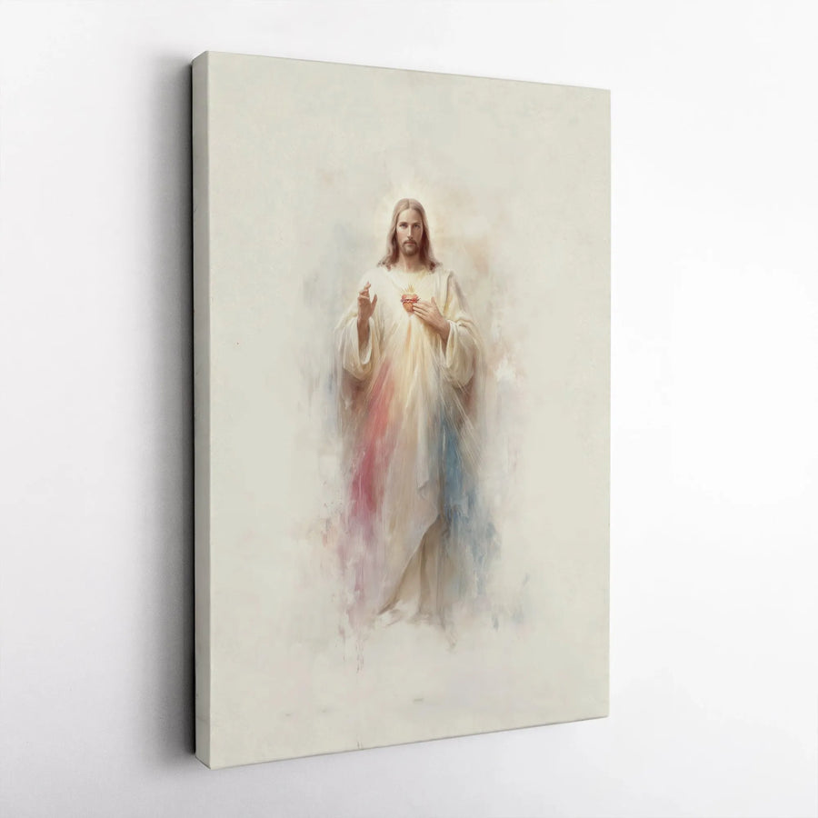 Sacred Heart of Jesus Canvas Wall Art | Abstract Watercolor Religious Portrait | Premium Fade-Resistant Print | Catholic Home Decor Gift