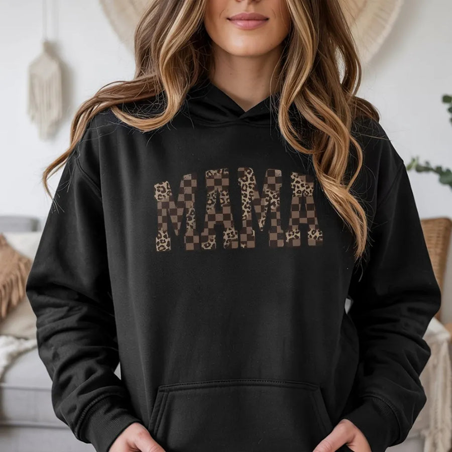Mama Hoodie Leopard Print | Checkerboard Graphic Lettering | Premium Cotton Blend | Mother's Day 2026 Gift for Mom Wife