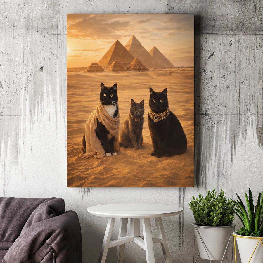 Egyptian Cats Canvas Wall Art | Royal Pharaoh Cats with Pyramids | Thick Gallery Wrap Print | Collector's Gift for Cat Lover