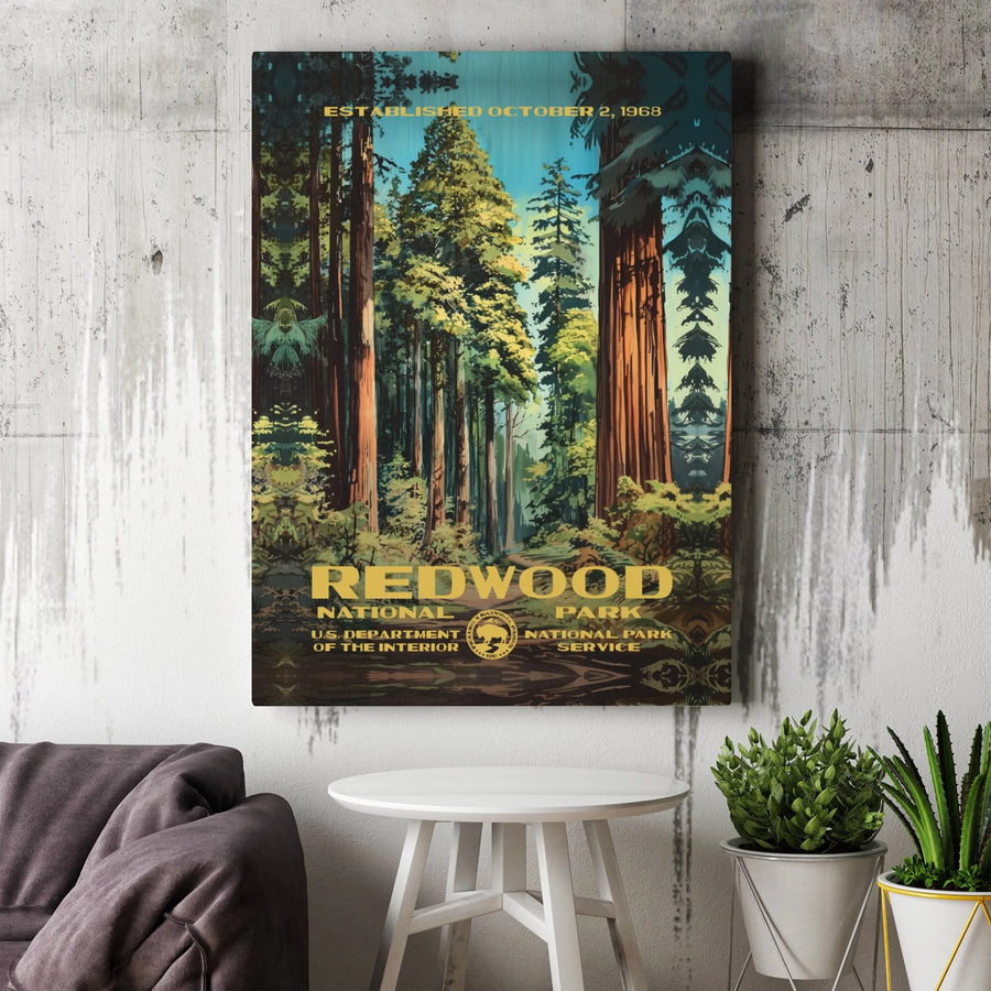 Redwood National Park Canvas Art | Vintage WPA Style Travel Print | Premium Gallery Wrap Decor | Nature Lover Gift For Office Or Home Wall