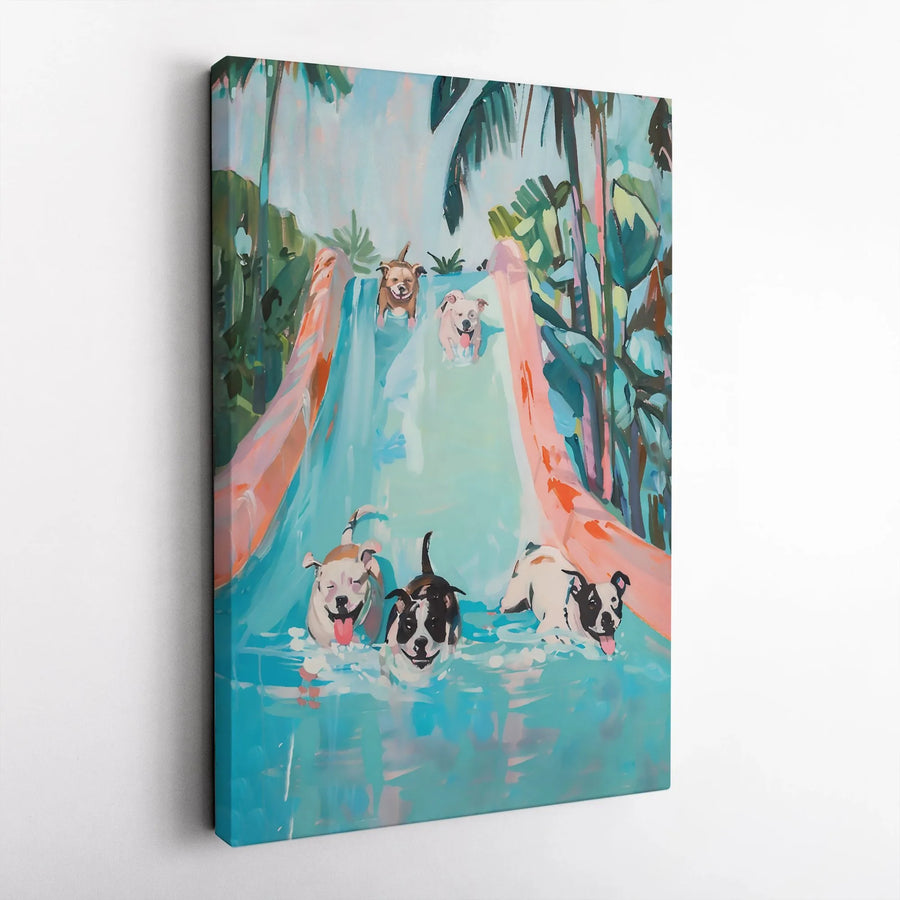 Pit Bull Dog Wall Art | Tropical Waterslide Painting | Premium Gallery Wrapped Canvas | Fun Pet Lover Gift & Home Decor