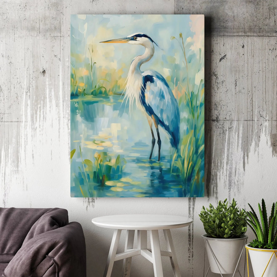 Great Blue Heron Canvas Wall Art | Serene Wetland Bird Painting | Premium Thick Gallery Wrap Canvas | Coastal Home Decor Gift for Bird Watcher