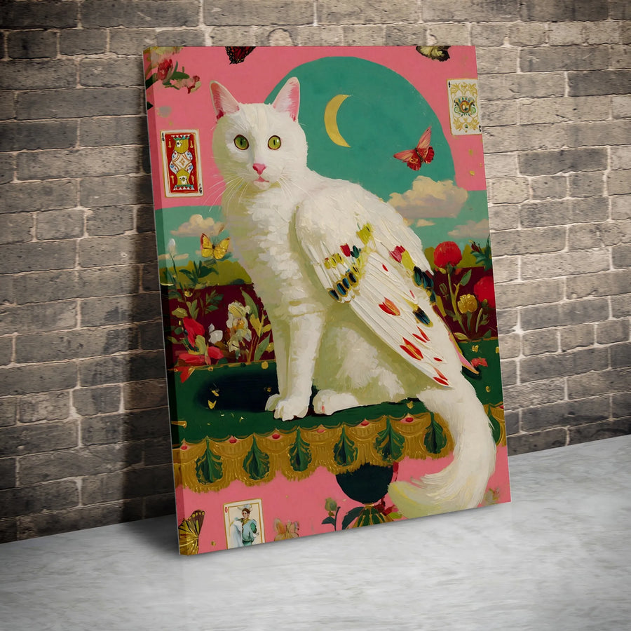Mystical Cat Canvas Wall Art | Winged Angel Cat with Tarot Cards | Premium Unframed Print | Whimsical Home Decor Gift for Cat Lovers