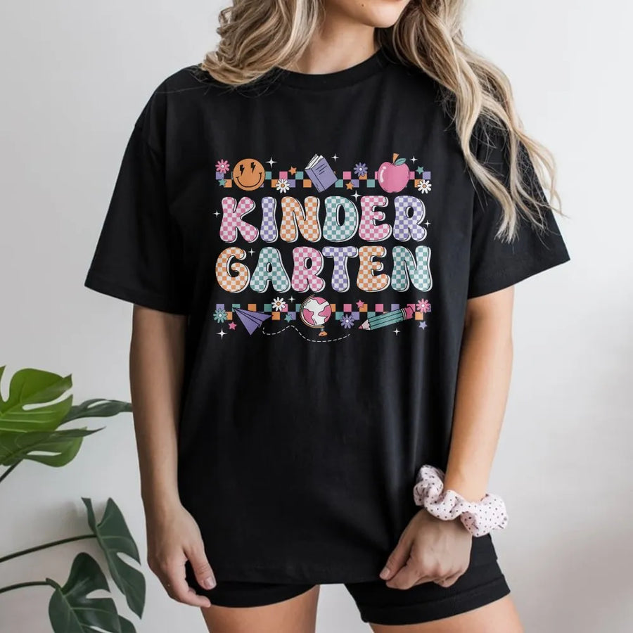 Kindergarten Teacher Shirt | Retro Groovy Back to School Graphic | Premium 100% Cotton Tee | Gift for Elementary Educator