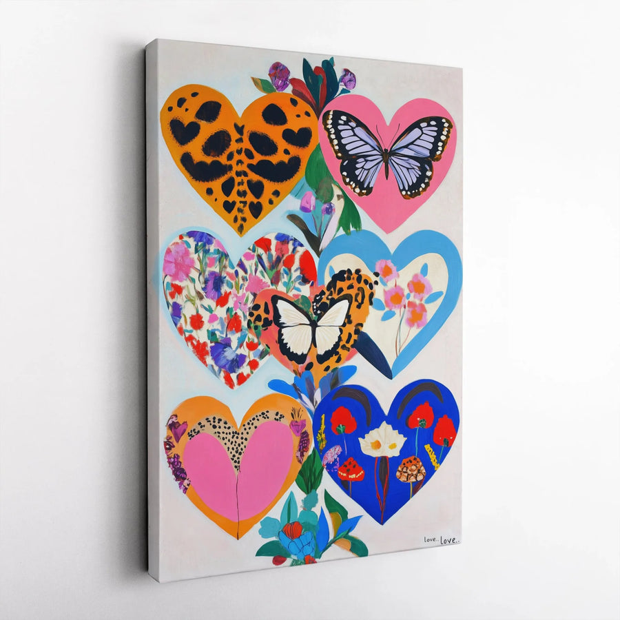 Colorful Heart Collage Canvas Wall Art | Butterfly And Floral Pattern Print | Premium Gallery-Wrapped Decor | Unique Gift For Her Home Office