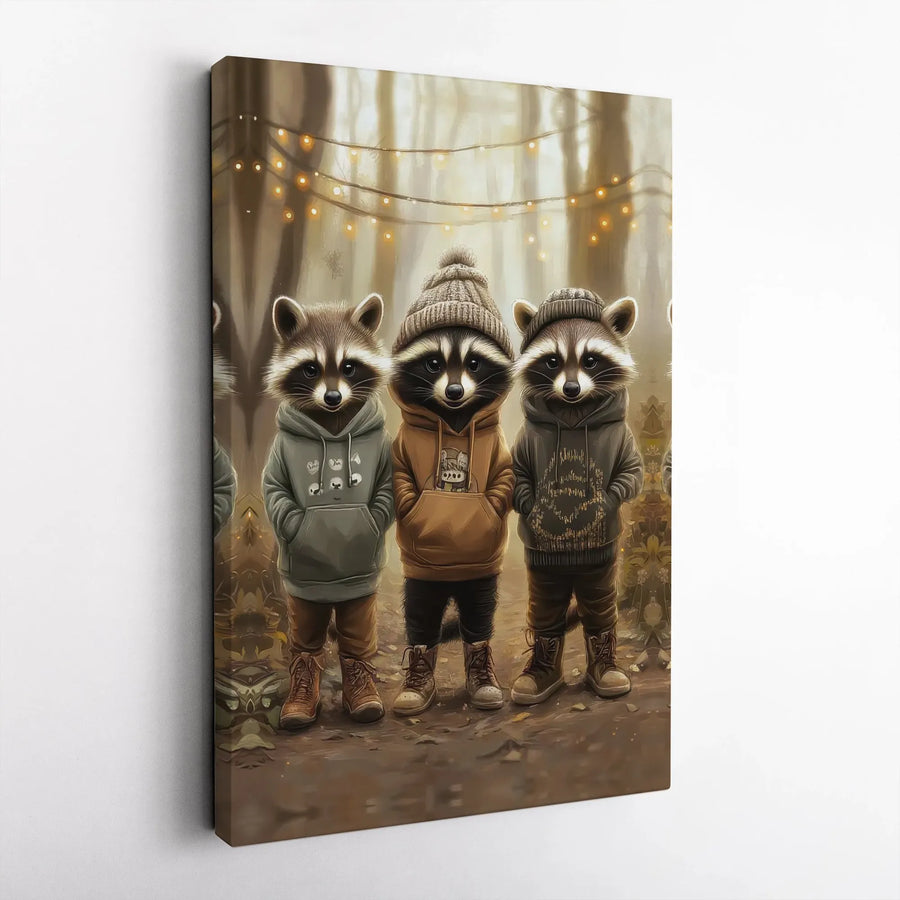 Cute Raccoon Canvas Wall Art | Trio of Forest Friends in Hoodies | Premium Thick Gallery Wrap Canvas | Unique Nursery & Kids Room Decor Gift