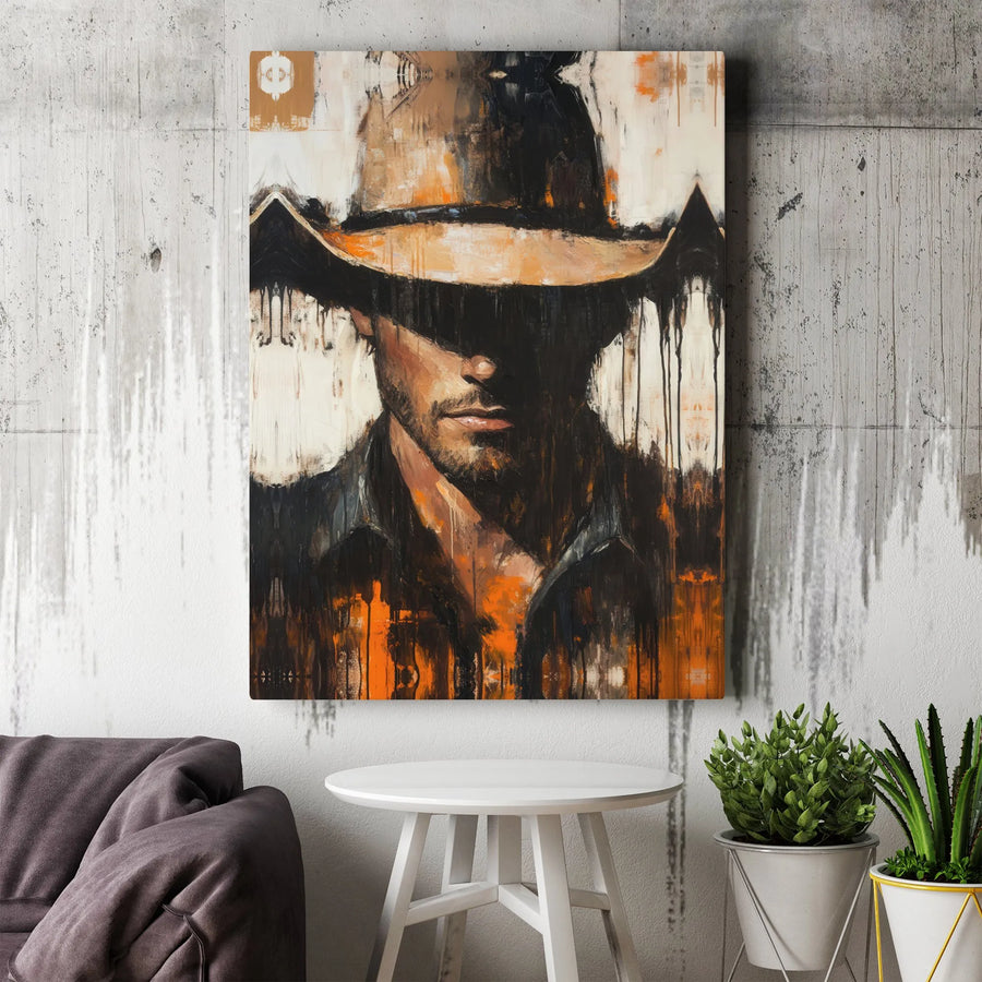Abstract Cowboy Wall Art | Moody Western Portrait with Shadowed Hat | Premium Gallery Wrap Canvas | Rustic Home Decor Gift for Him