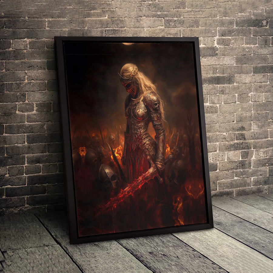 Dark Fantasy Warrior Wall Art | Blonde Knight with Fiery Sword | Premium 1.25-Inch Gallery Wrap Canvas | Gothic Decor for Gamers and Collectors