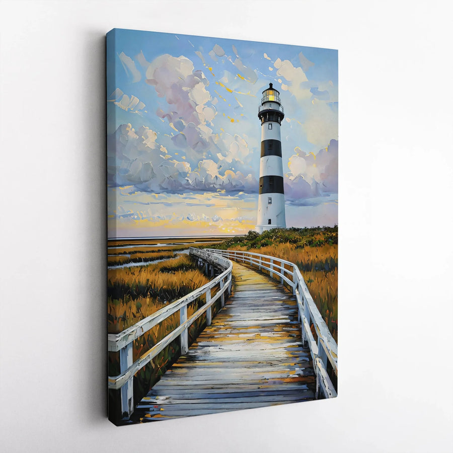 Lighthouse Painting Vertical Canvas | Impasto Style Coastal Seascape | Premium Frameless Wall Art | Nautical Beach House Decor Gift