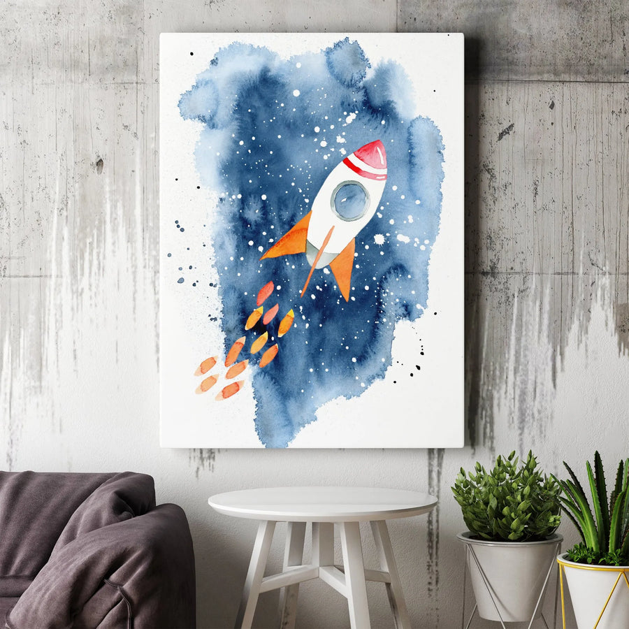 Rocket Ship Vertical Canvas | Watercolor Galaxy Art | Premium 1.25" Thick Gallery Wrap | Kids Nursery & Boys Room Decor Gift