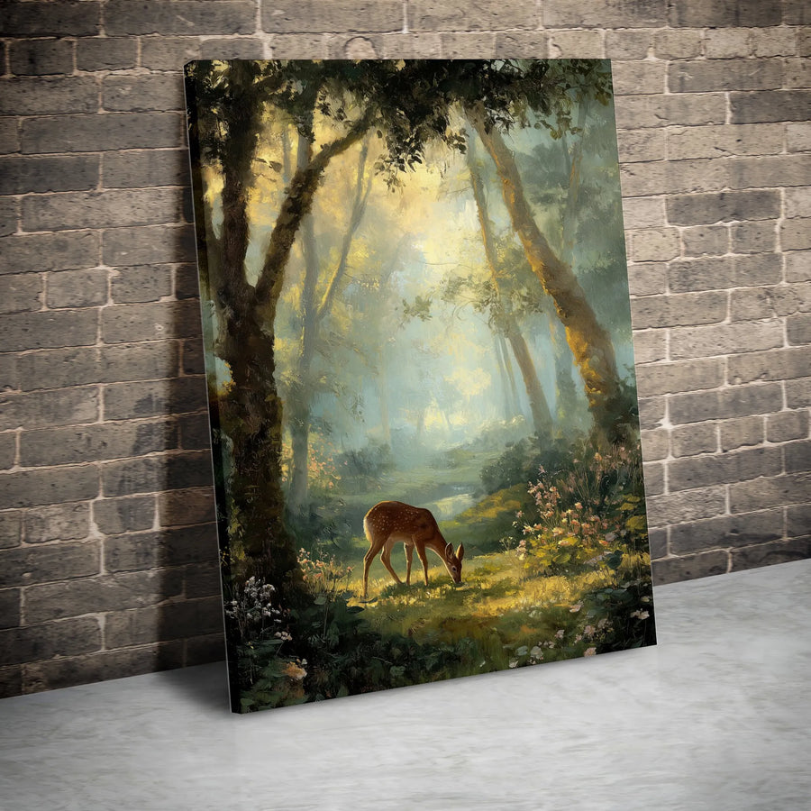 Fawn in Sunlit Forest Canvas Art | Enchanting Woodland Deer Painting | Gallery-Quality Fade-Resistant Print | Nature Lover Home Decor Gift