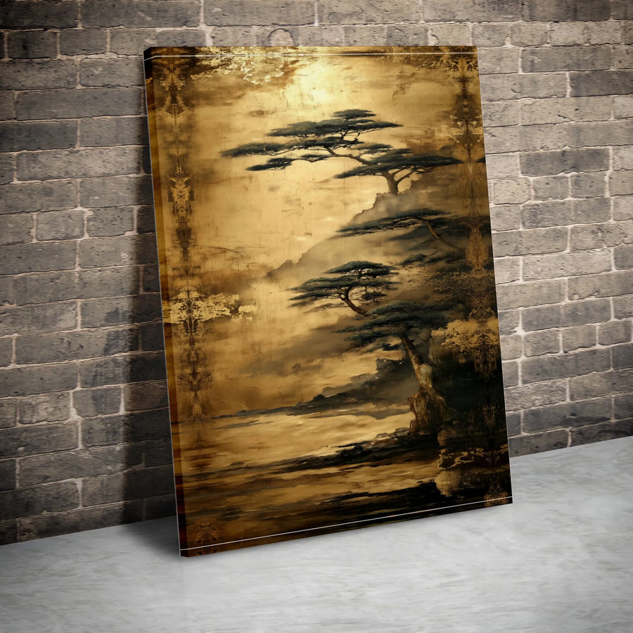 Japanese Pine Tree Canvas Wall Art | Vintage Sumi-e Ink Wash Painting | Premium Frameless Print | Zen Home Decor Gift for Living Room