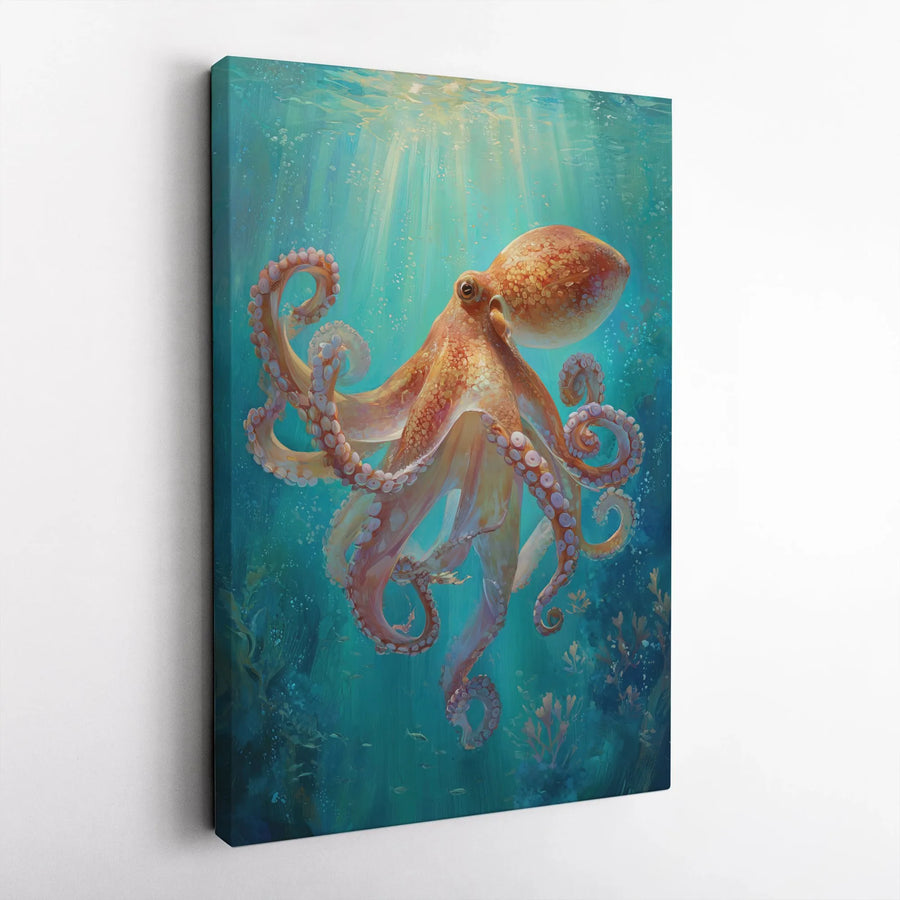 Octopus Canvas Wall Art | Ocean Underwater Marine Life Print | Premium Gallery Wrap Wooden Frame | Coastal Beach Home Decor Gift