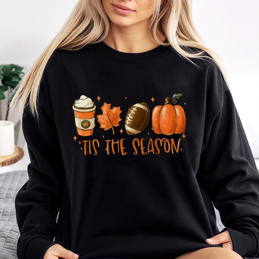 Tis The Season Fall Sweatshirt | Pumpkin Spice Coffee Football Graphic | Premium Cotton Blend | Cozy Autumn Apparel Gift For Her