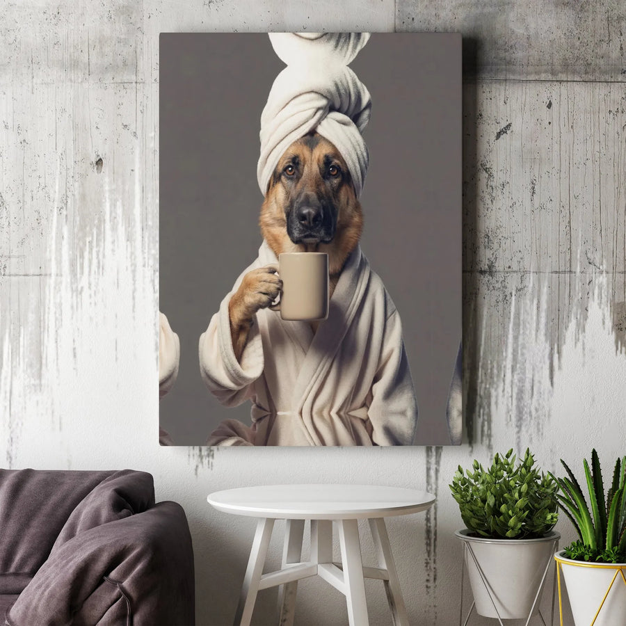 German Shepherd Spa Day Canvas Art | Funny Dog in Bathrobe with Coffee | Premium Matte Canvas Print | Unique Bathroom Wall Decor Gift for Dog Lover