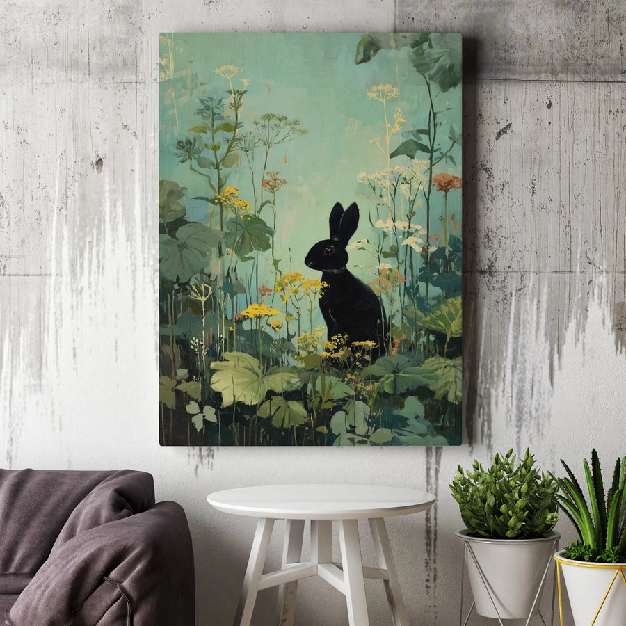 Black Rabbit Canvas Wall Art | Vintage Wildflower Meadow Painting | Premium Gallery Wrapped Print | Cottagecore Woodland Nursery Decor Gift