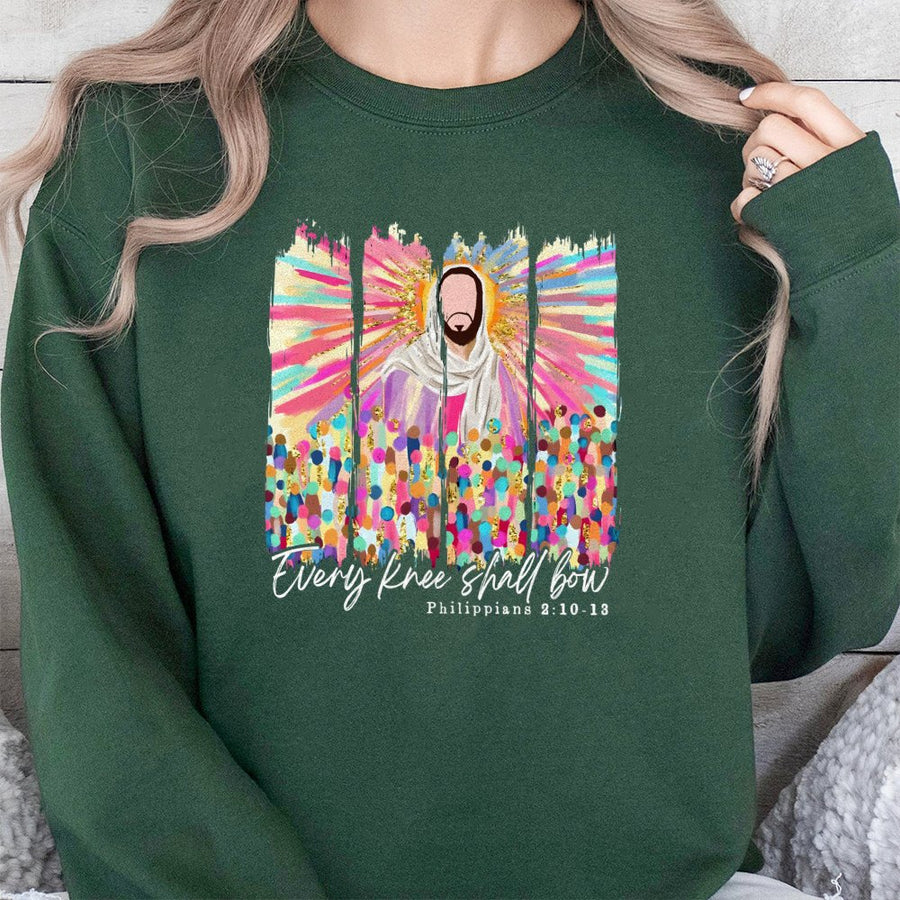 Every Knee Shall Bow Sweatshirt | Religious Bible Verse Graphic Design | Premium Cotton-Blend Comfort | Christian Faith Apparel Gift for Believers
