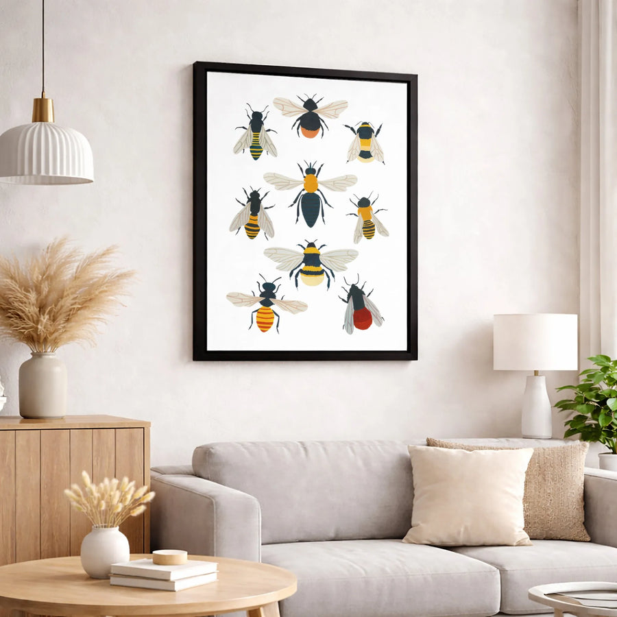 Bee Species Chart Wall Art | Educational Entomological Illustration | Premium Gallery Wrapped Canvas | Nature Lover Gift Home Decor