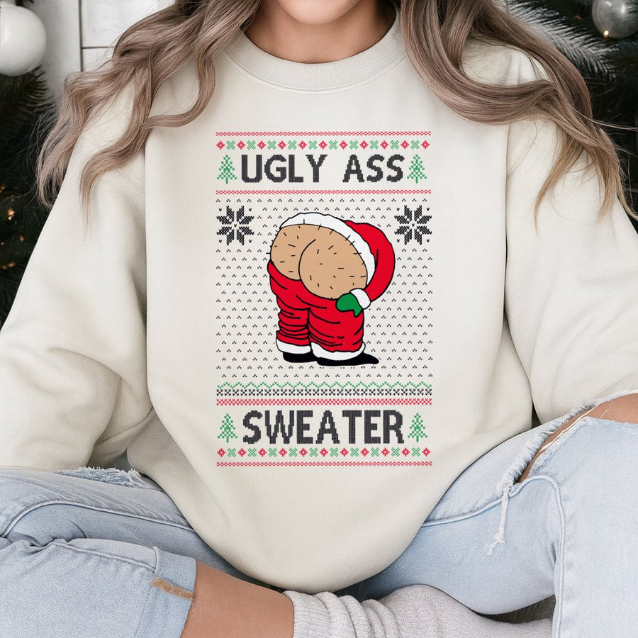 Ugly Christmas Sweatshirt | Funny Santa Butt Mooning Graphic | Unisex Premium Cotton Blend Crewneck | Hilarious Holiday Party Gift For Adults
