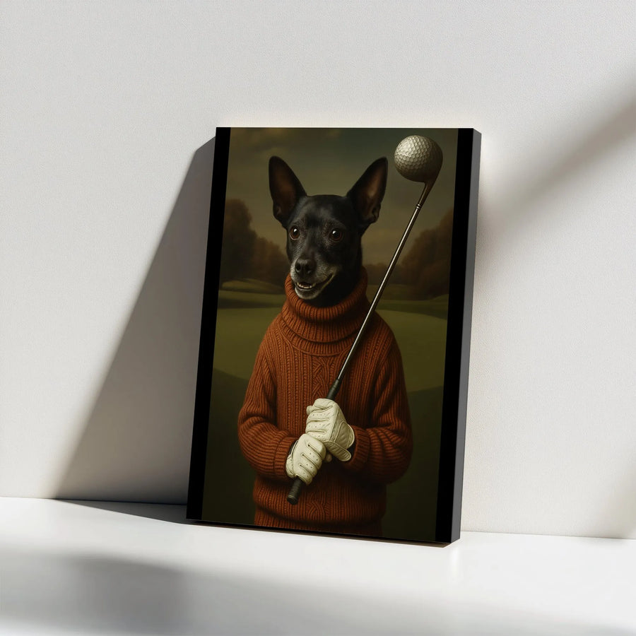 Dog Golfer Canvas Wall Art | Vintage Portrait with Golf Club | Premium Gallery Wrap Decor | Unique Golf Gift for Him