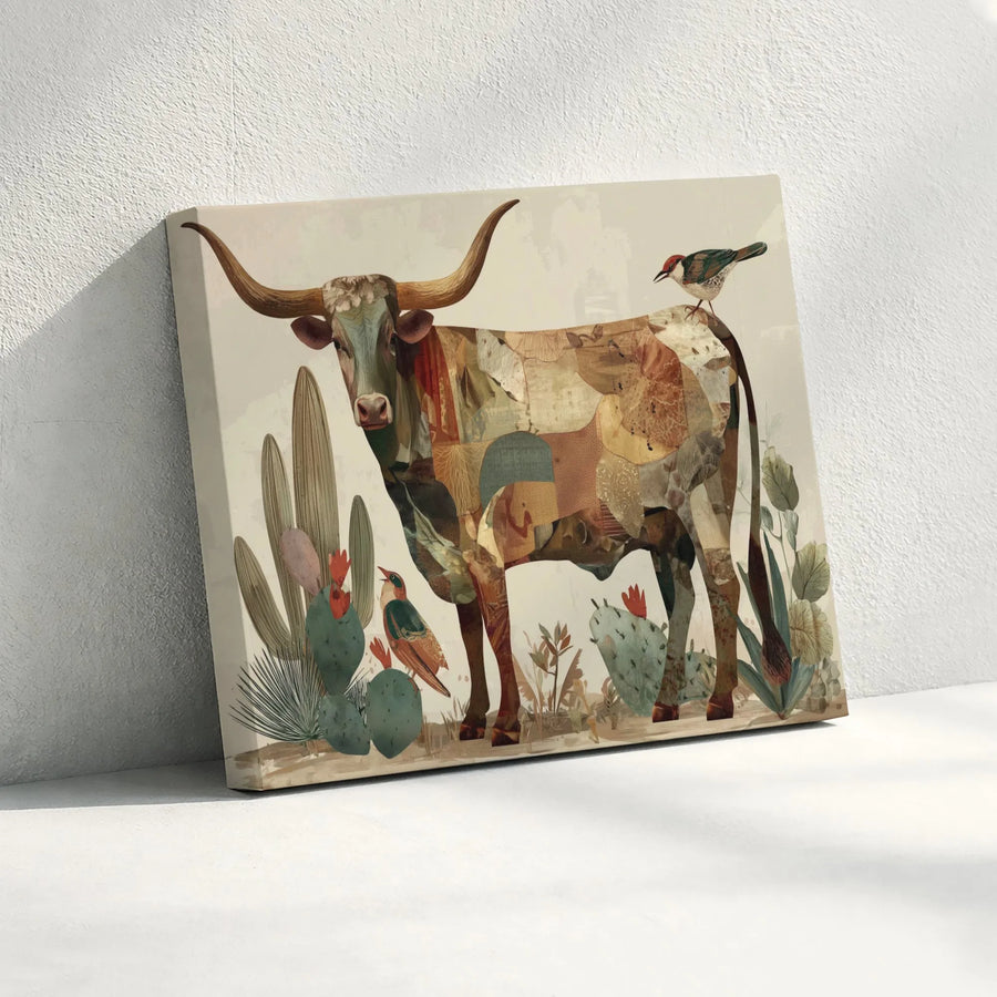 Texas Longhorn Canvas Wall Art | Patchwork Collage Desert Cacti Design | Premium Fade-Resistant Print | Western Home Decor Gift