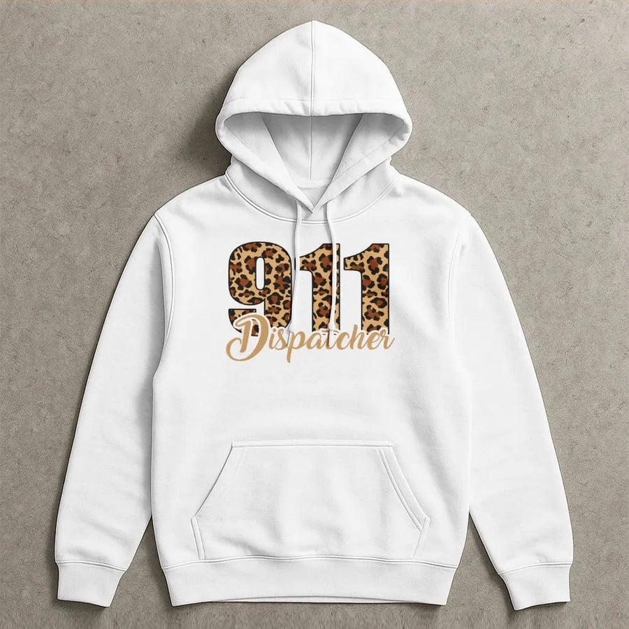 911 Dispatcher Hoodie | Leopard Print Graphic Tee | Soft Cotton Apparel | Gift for Emergency Operator