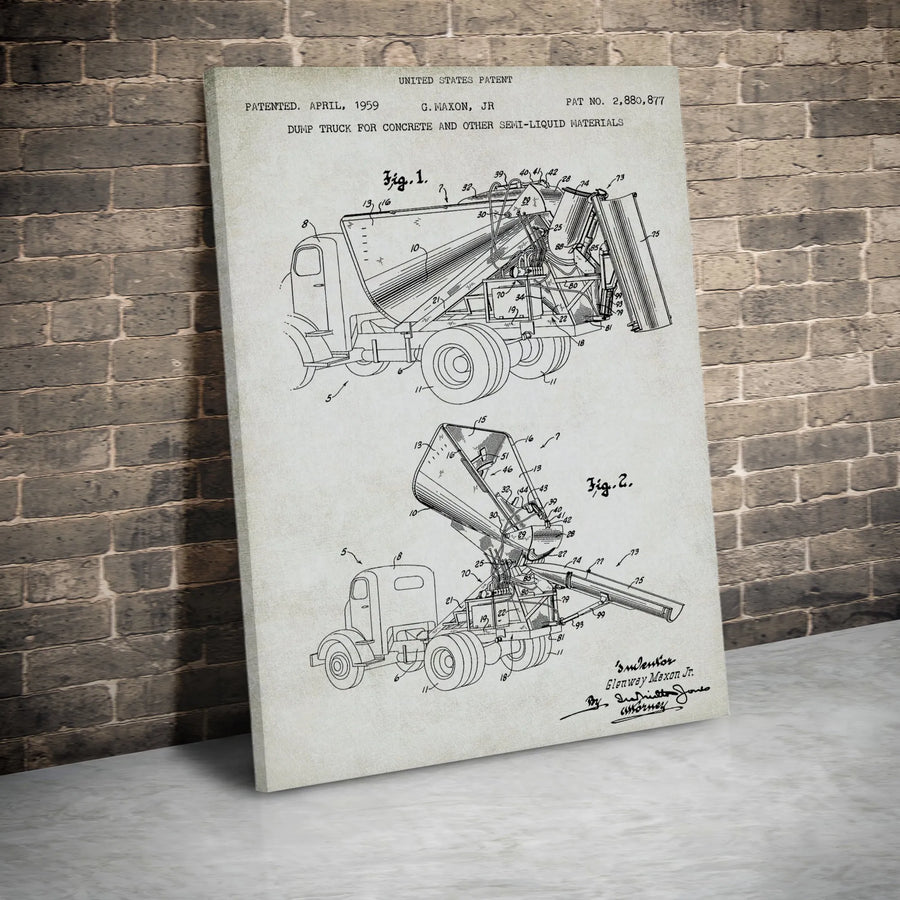 Vintage Dump Truck Patent Vertical Canvas | 1959 Concrete Mixer Blueprint Art | Premium Gallery Wrapped Wall Art | Collector's Gift for Engineer