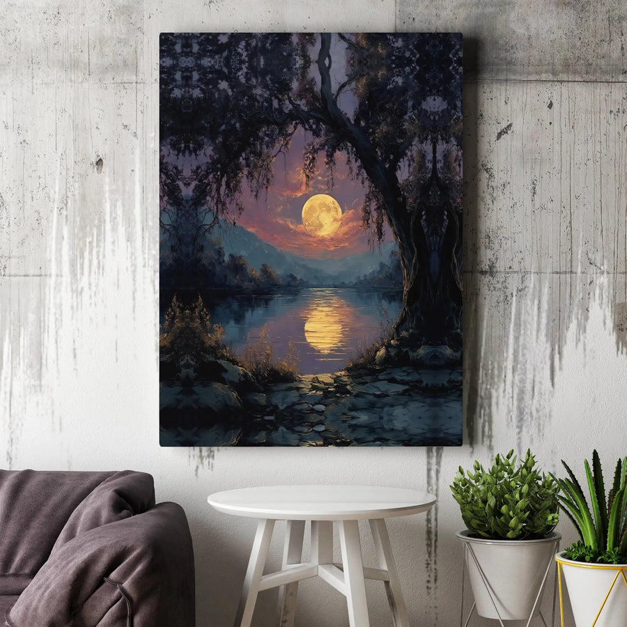 Full Moon Lake Canvas Wall Art | Atmospheric Night Sky Painting | Premium Fade-Resistant Print | Living Room Decor Gift for Nature Lover