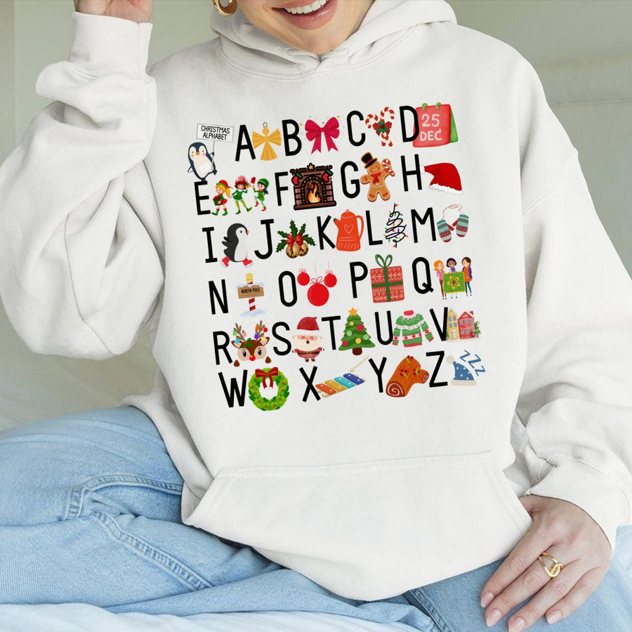 Christmas Alphabet Hoodie | Holiday ABC Teacher Graphic | Cotton-Poly Blend Sweatshirt | Cute Festive Gift for Teachers and Educators