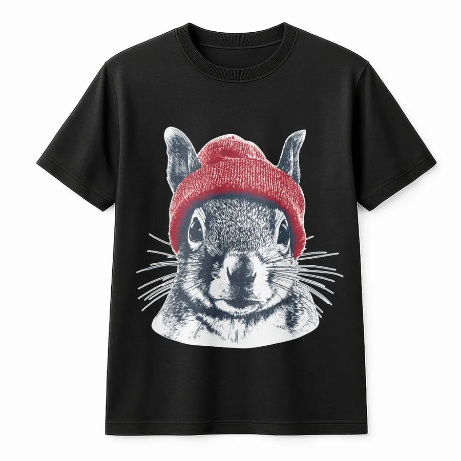 Squirrel T-Shirt | Cute Animal Wearing Red Beanie Illustration | 100% Premium Cotton Tee | Wildlife Lover Gift For Men And Women