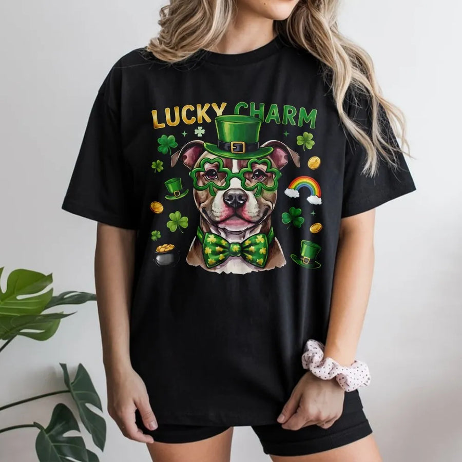 Pitbull St. Patrick's Day T-Shirt | Lucky Charm Shamrock Dog Graphic | Premium 100% Cotton Tee | Gift for Dog Moms & Pitbull Lovers