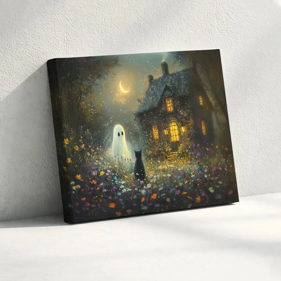 Ghost and Black Cat Canvas Art | Whimsical Cottagecore Wall Decor | Premium Fade-Resistant Print | Spooky Halloween Gift for Her