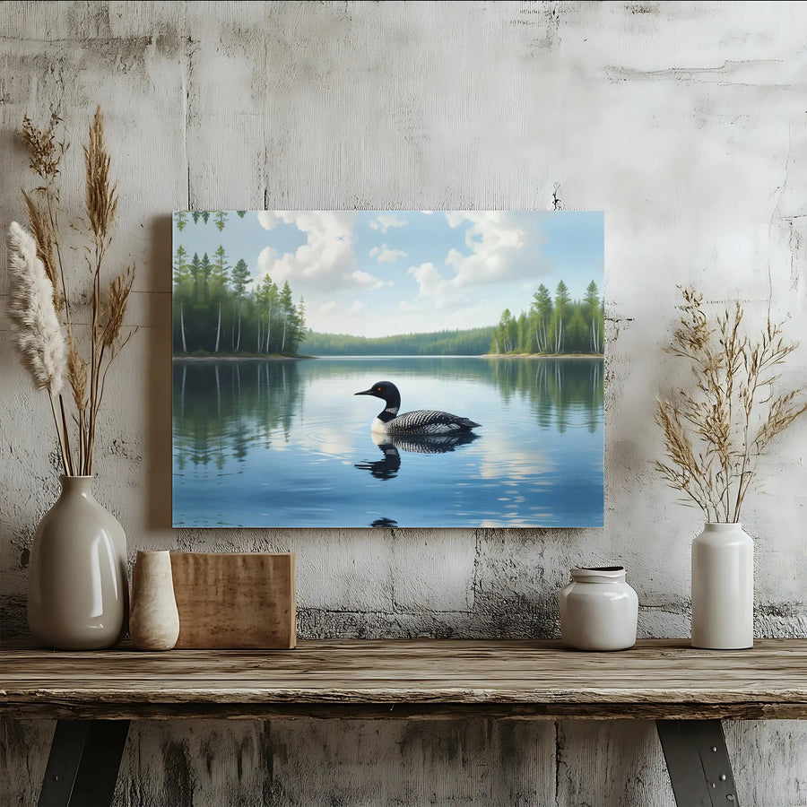 Loon Bird Canvas Wall Art | Serene Lake Forest Reflection Print | Gallery Wrapped Premium Decor | Nature Lover Cabin Gift